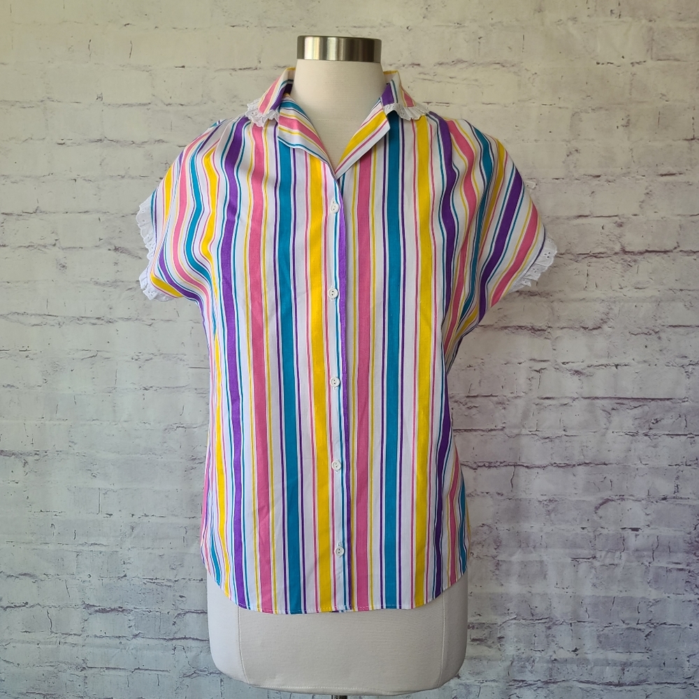 Vintage 80s J.F.I. Colorful Stripe Short Sleeve Button Front Top Lace Trim Small - Picture 11 of 11